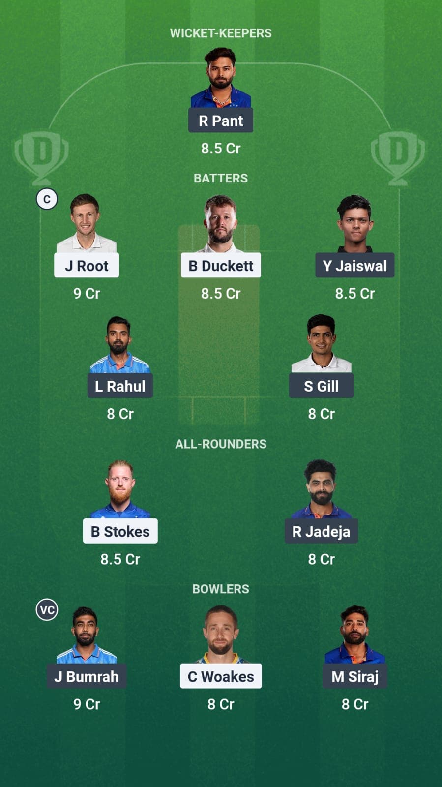 England vs India fantasy team